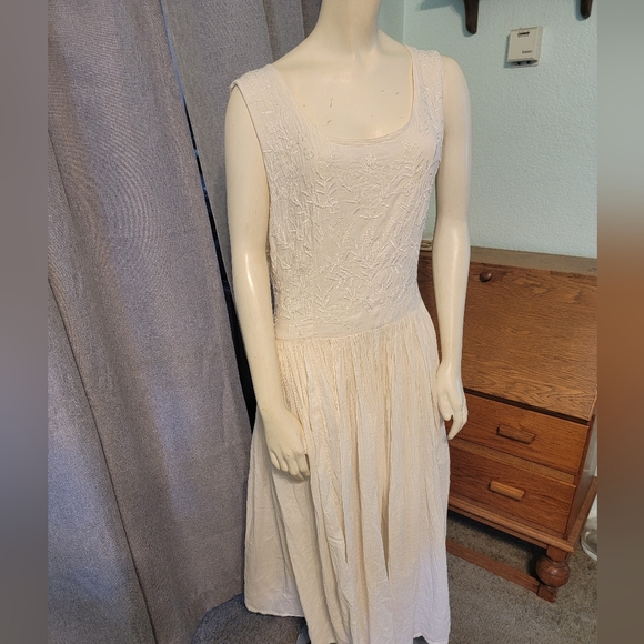 Vtg 80s Her Style 2XL Prairie Maxi Dress Cottagecore Embroidered Gauze Pleated - Picture 1 of 15